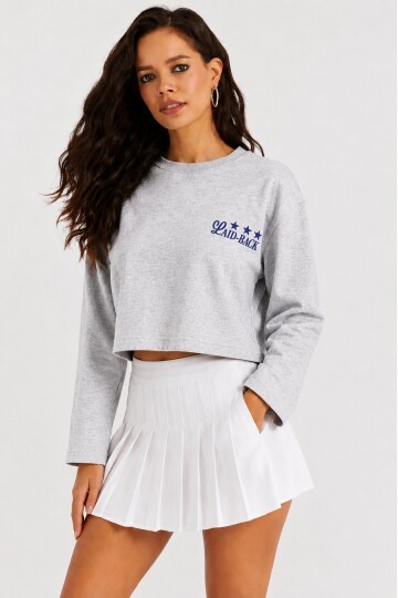 Yıldız Baskılı Crop Sweatshirt - Gri