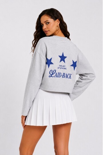 Yıldız Baskılı Crop Sweatshirt - Gri