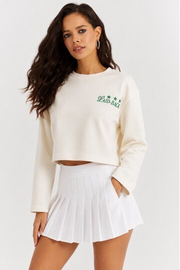 Yıldız Baskılı Crop Sweatshirt - Krem