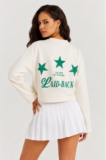 Yıldız Baskılı Crop Sweatshirt - Krem